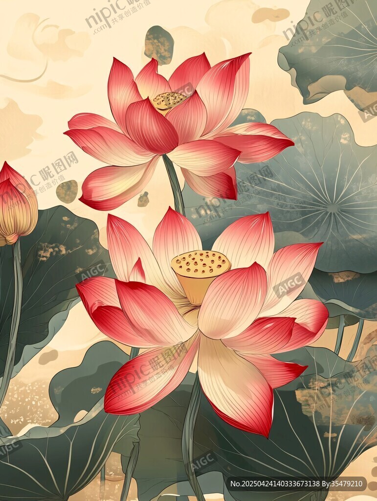 水墨風(fēng)盛開(kāi)荷花雅致圖景