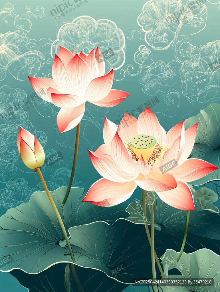 水墨風(fēng)綻放的嬌艷荷花
