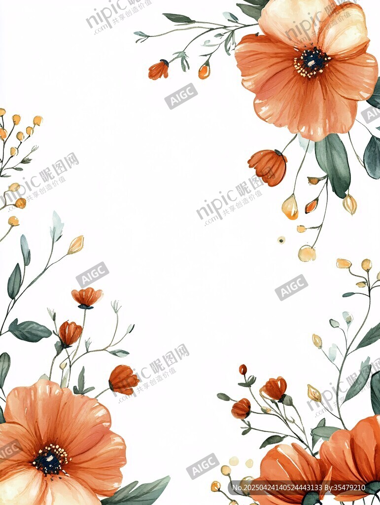 橙色花卉裝飾邊框插畫