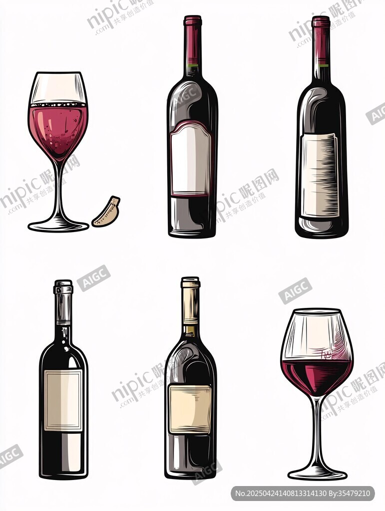 手繪葡萄酒瓶與酒杯插畫