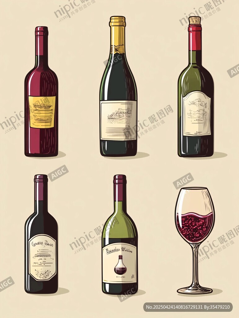 多樣葡萄酒瓶與酒杯插畫(huà)