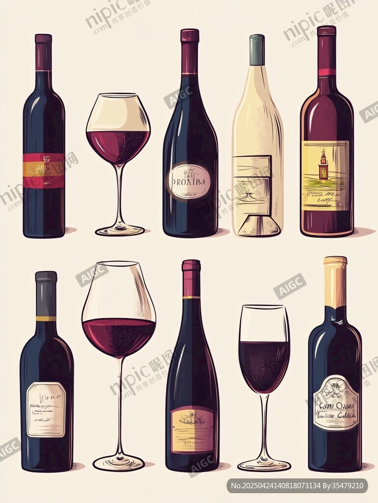 多樣葡萄酒瓶與酒杯插畫