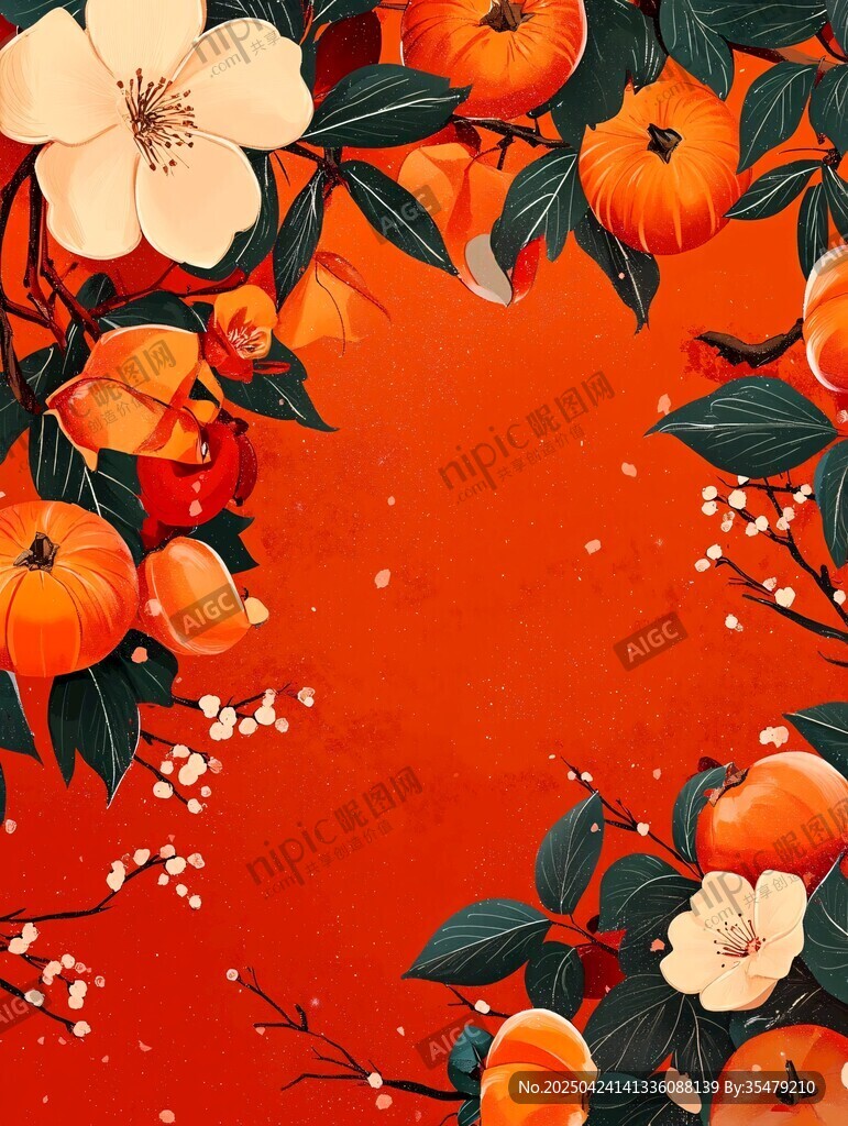 紅底上的花卉與飽滿(mǎn)柿子