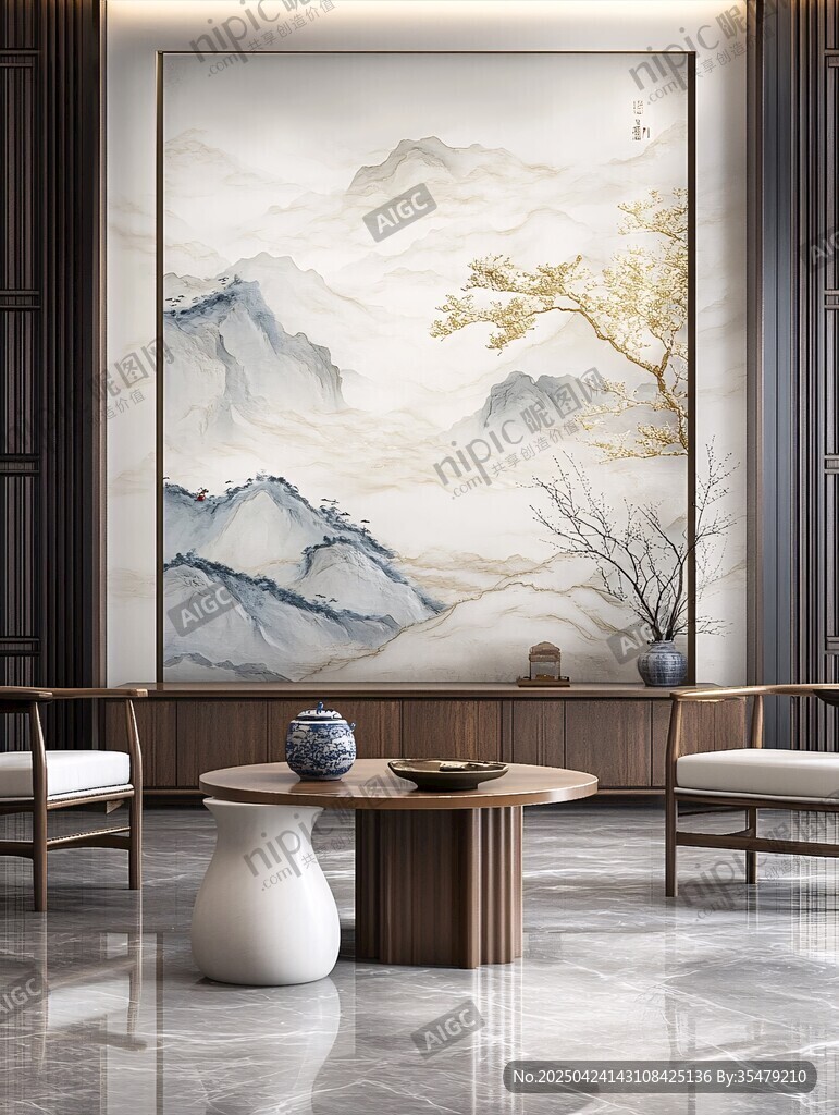 中式客廳的山水壁畫景致