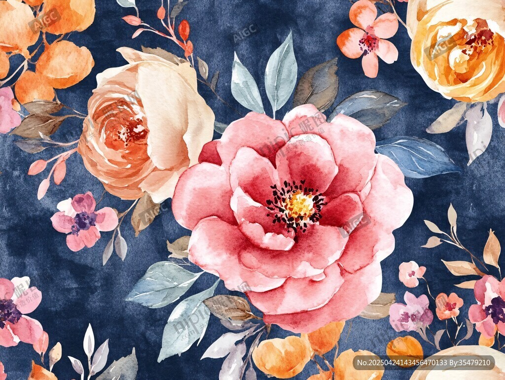 深藍背景絢麗水彩花卉圖