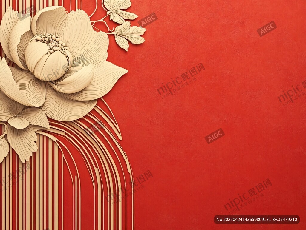 中式紅底浮雕花卉背景圖