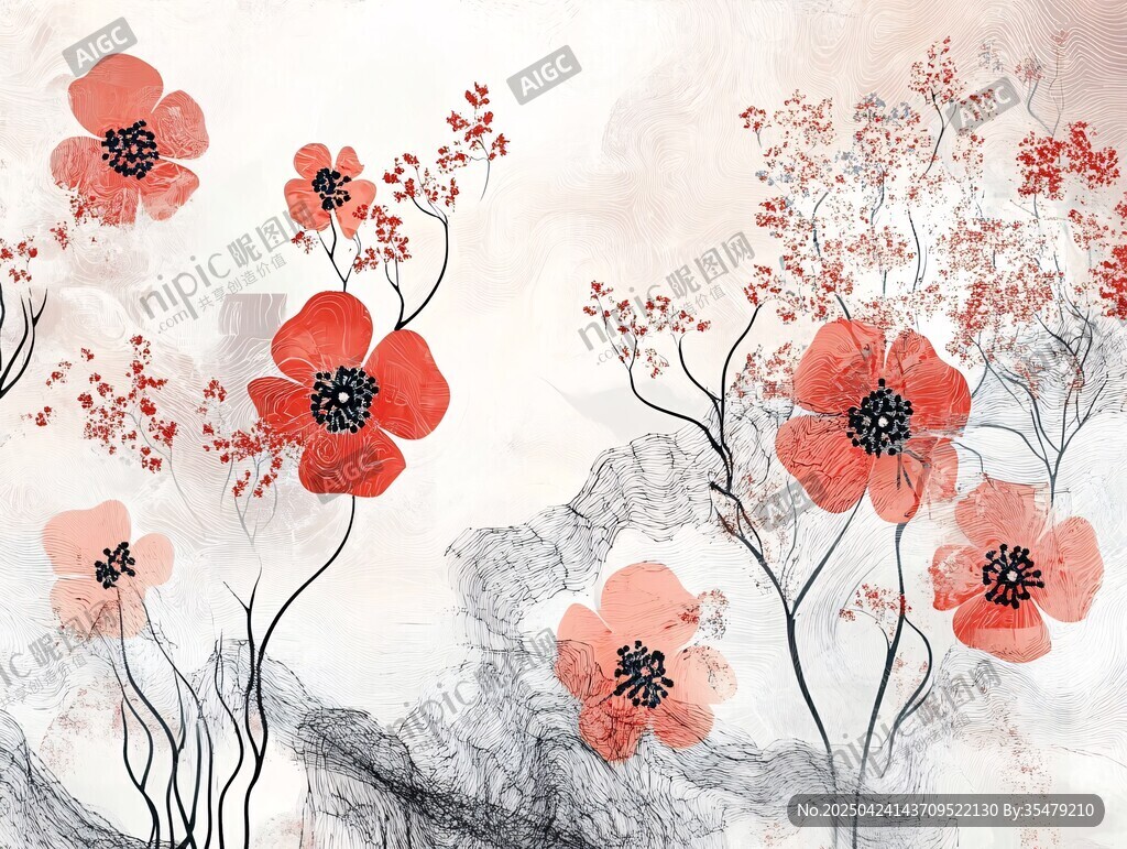 水墨風(fēng)紅粉花卉藝術(shù)畫