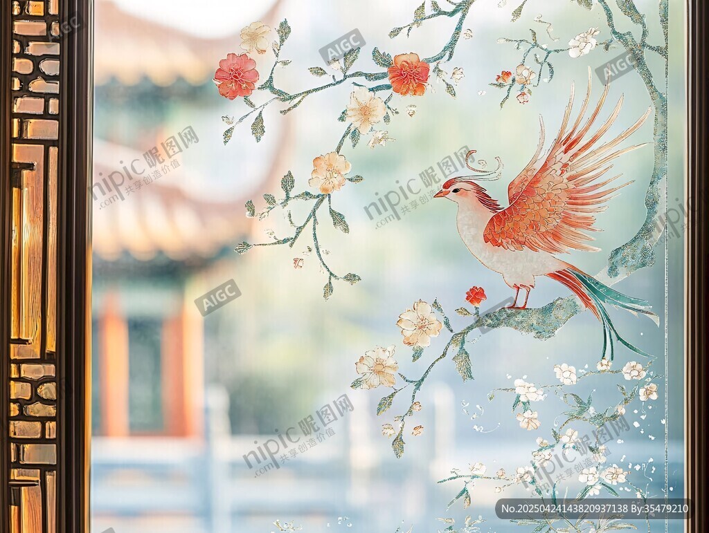 中式窗景上的花鳥圖