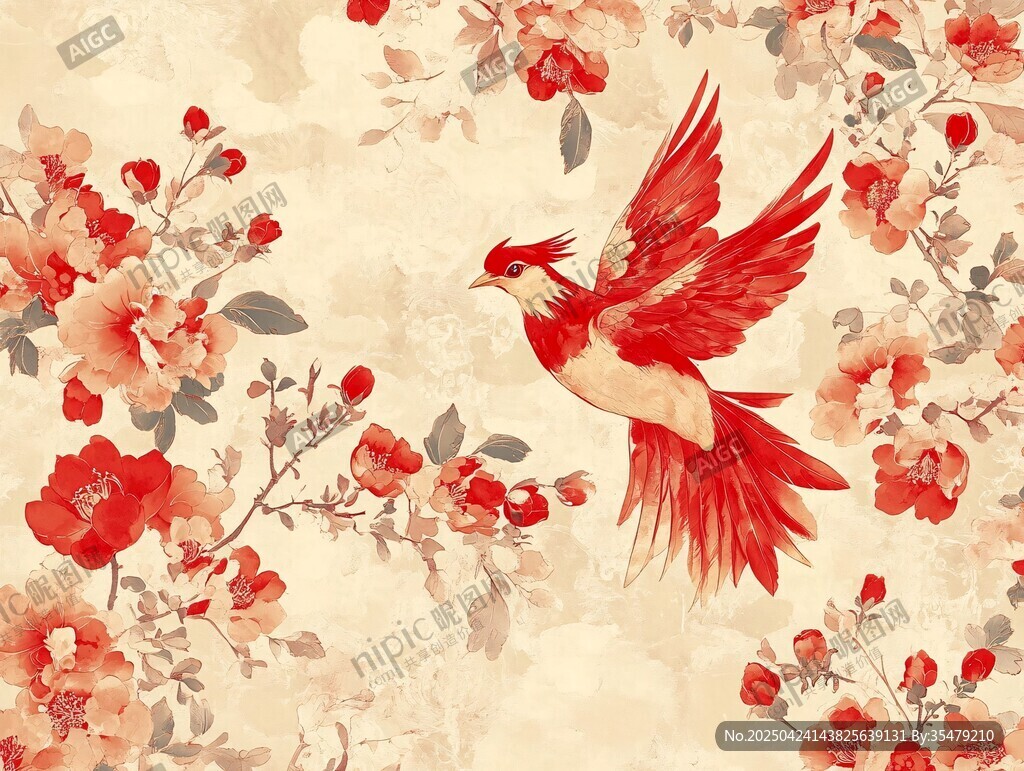 紅鳥繁花中式唯美圖案