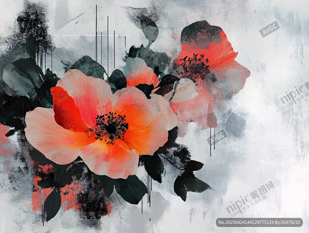 水墨花卉 艷麗花朵的寫意美