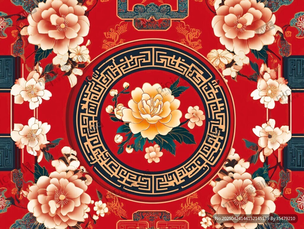 中式繁花紅底傳統(tǒng)紋樣