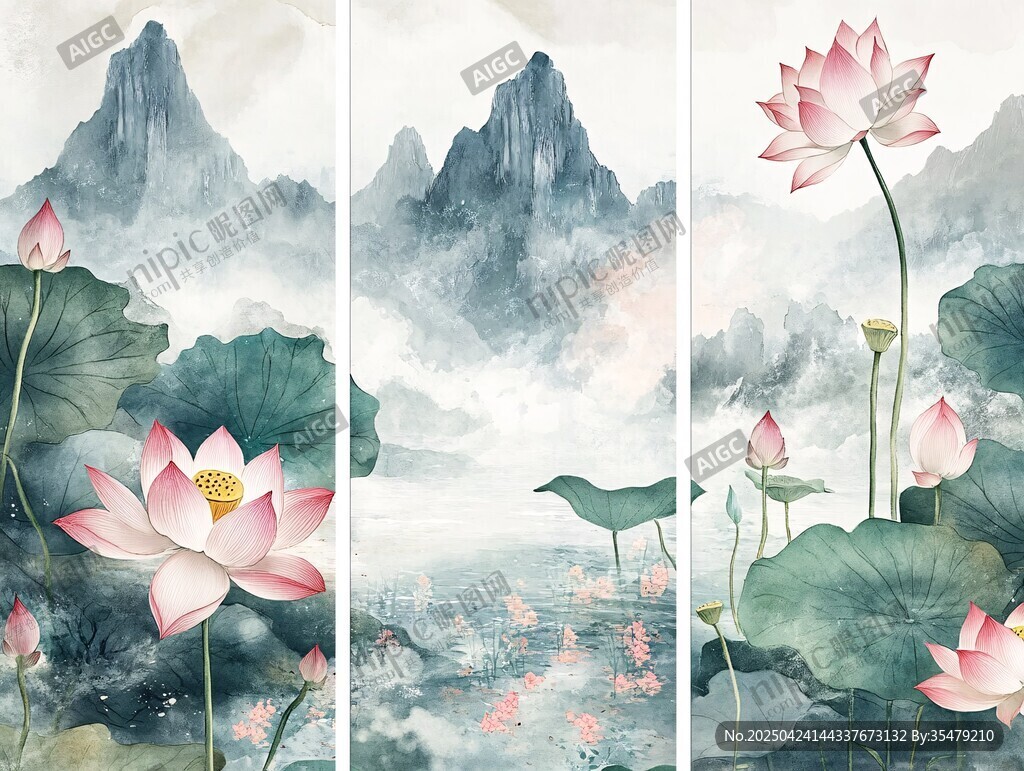 水墨荷花山水三聯(lián)畫
