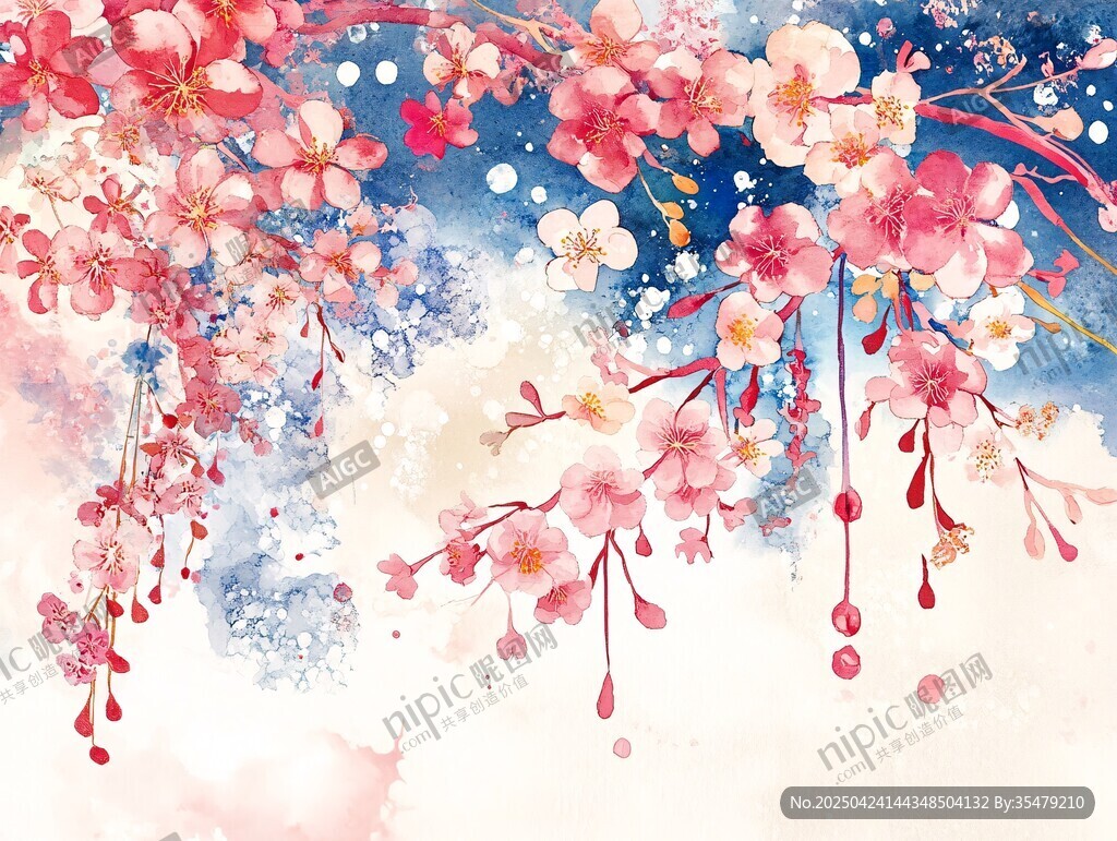 夢幻水彩風(fēng)盛開的爛漫櫻花