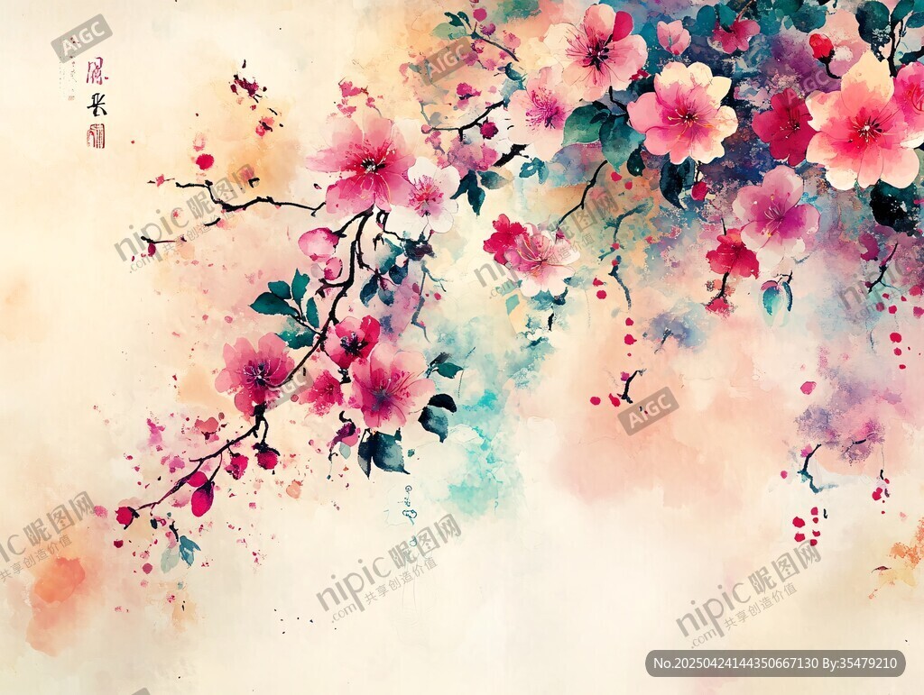 水墨風爛漫繁花圖
