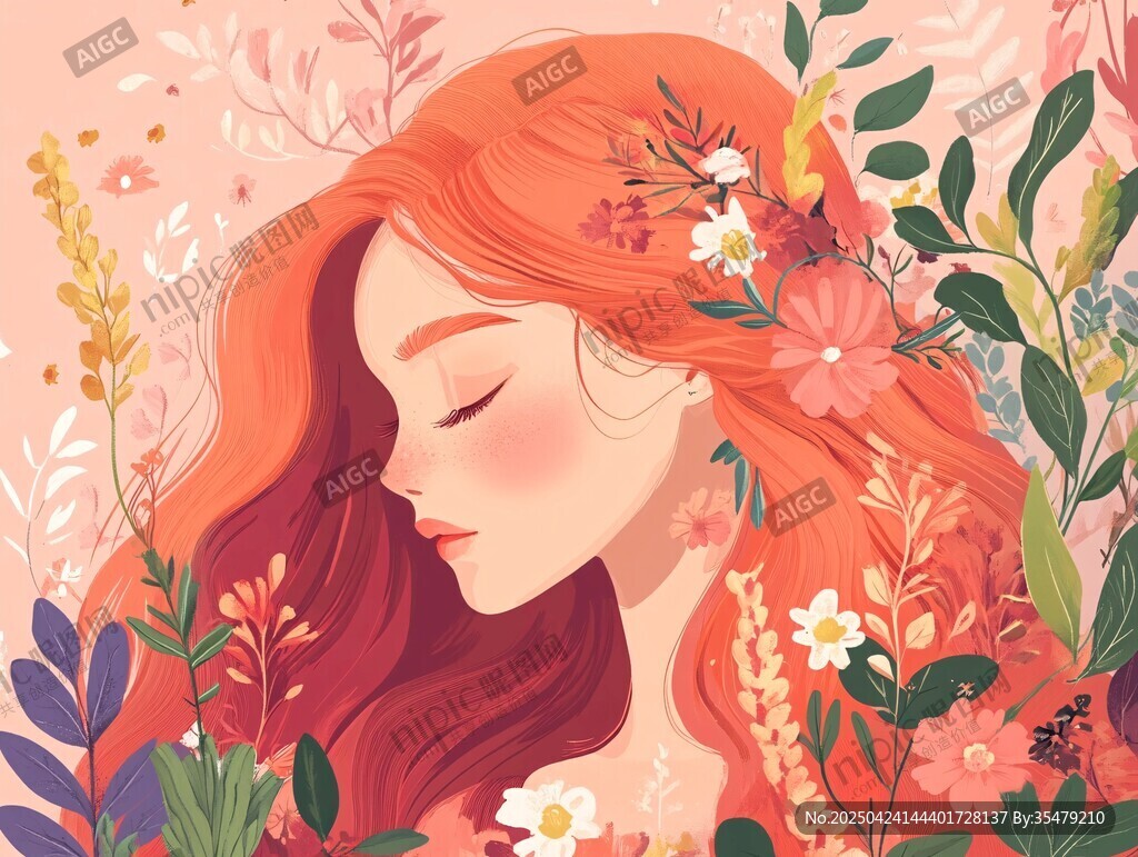 紅發少女置身繁花之中