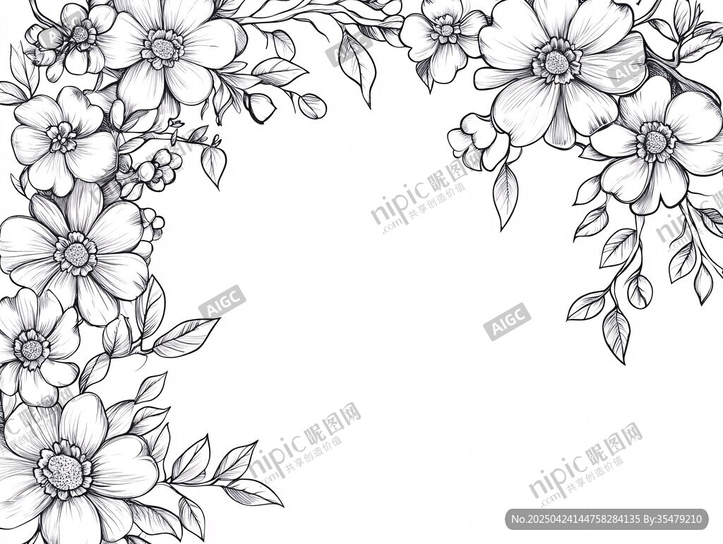 花卉邊框黑白線稿插畫(huà)