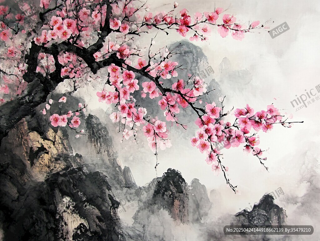水墨梅花圖 山水間的爛漫