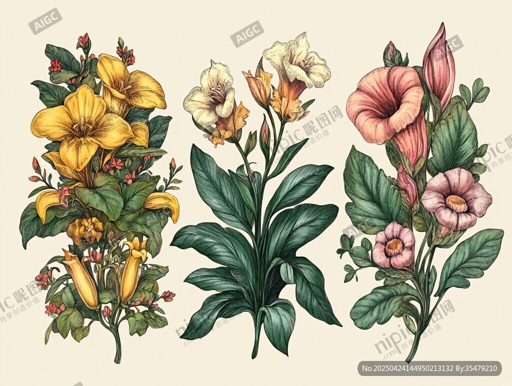 復古風多彩花卉插畫