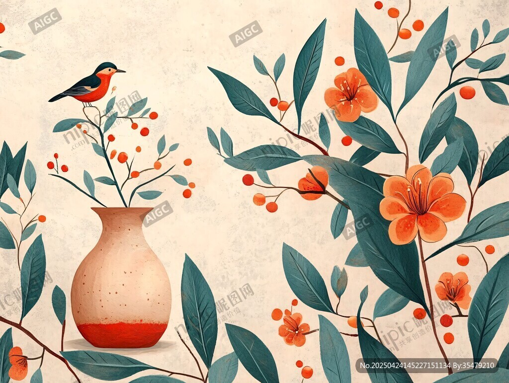 花瓶旁的花鳥植物插畫