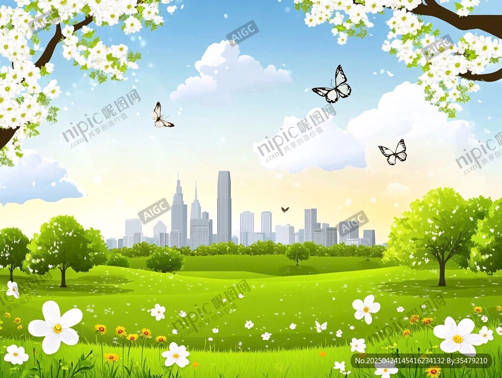 春日城市邊的綠野繁花景