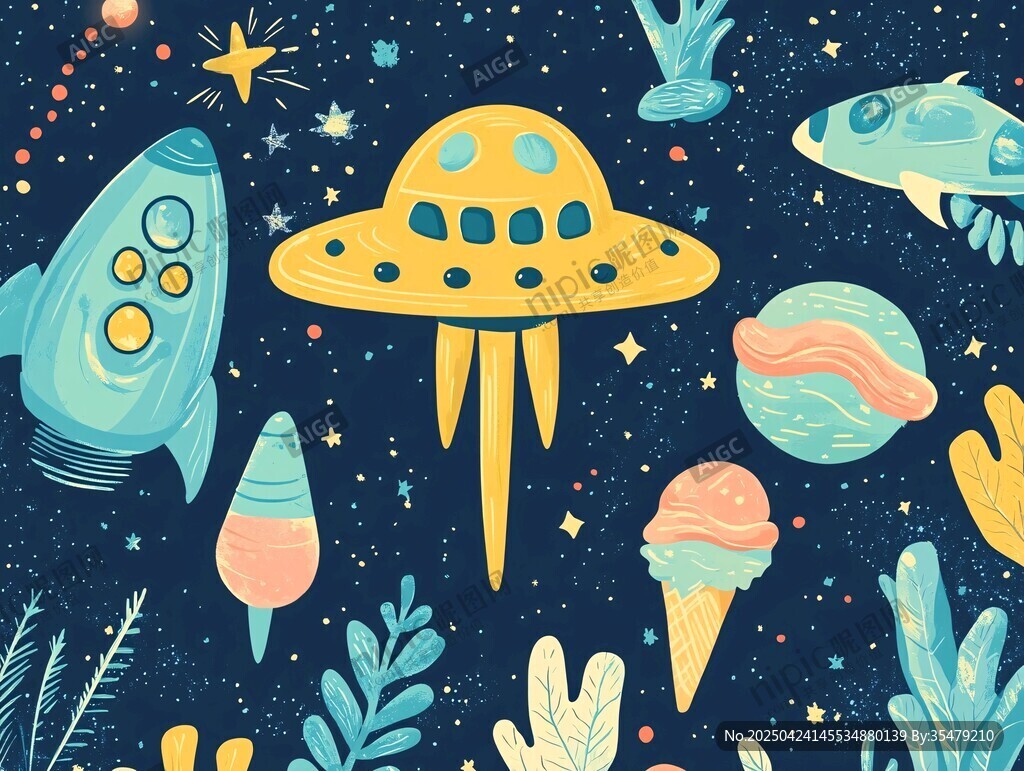 夢(mèng)幻太空飛船與星球插畫