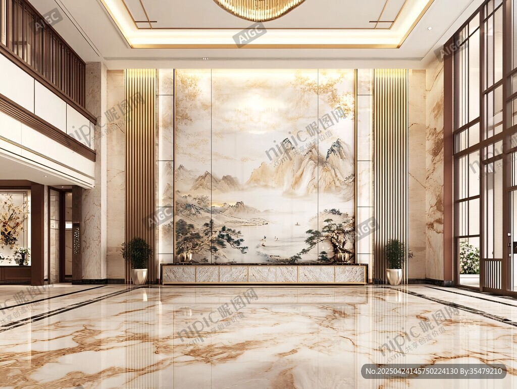 中式大氣奢華酒店大堂空間