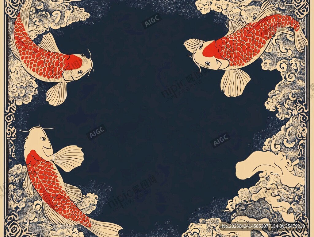 錦鯉戲浪中式典雅圖案