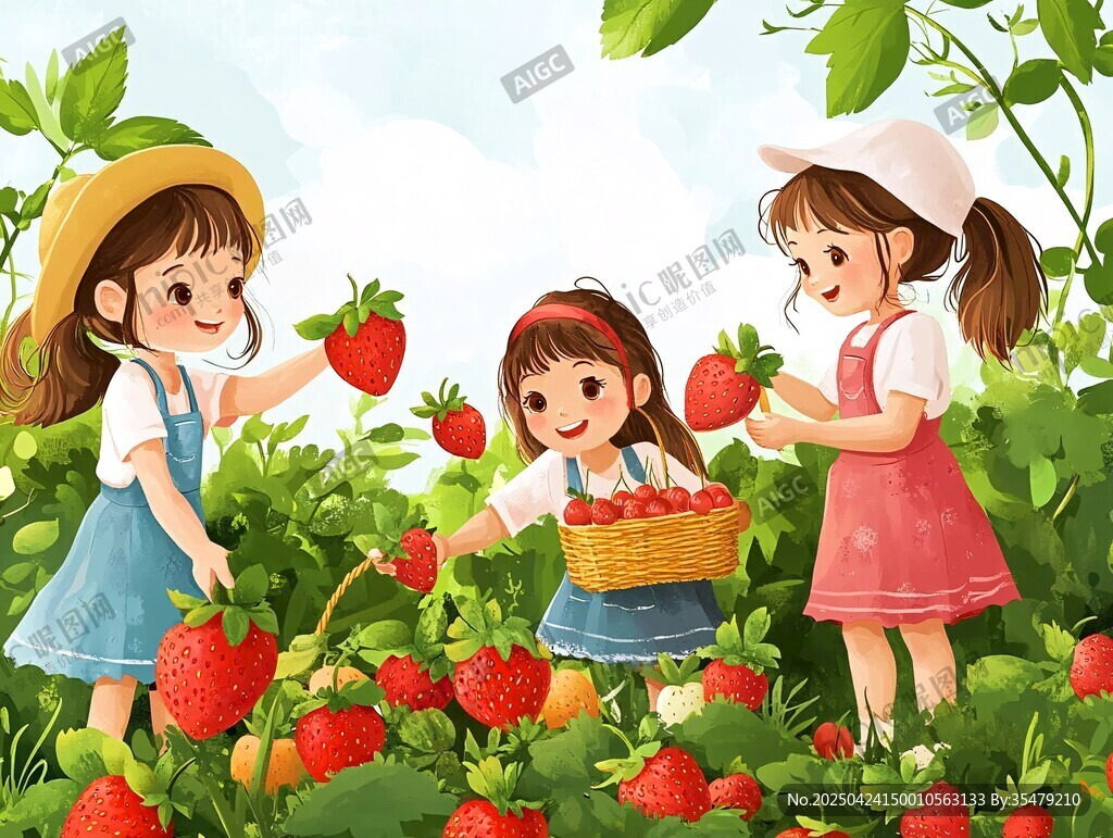 女孩們快樂采摘草莓