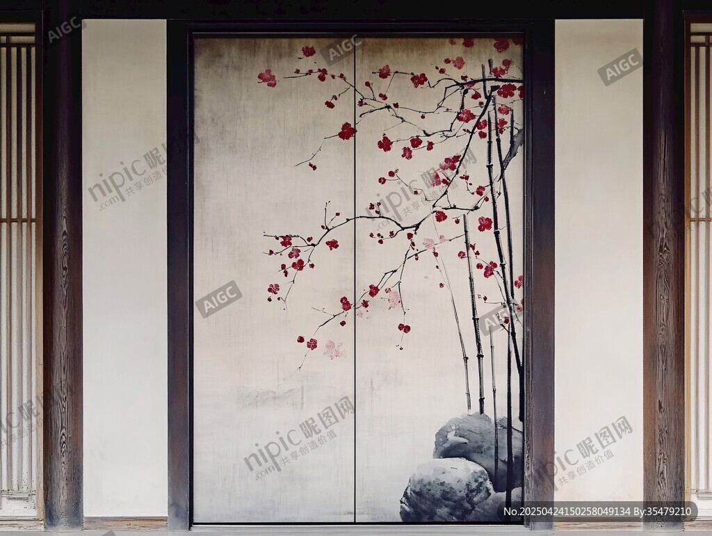 中式屏風上的紅梅雅致景致