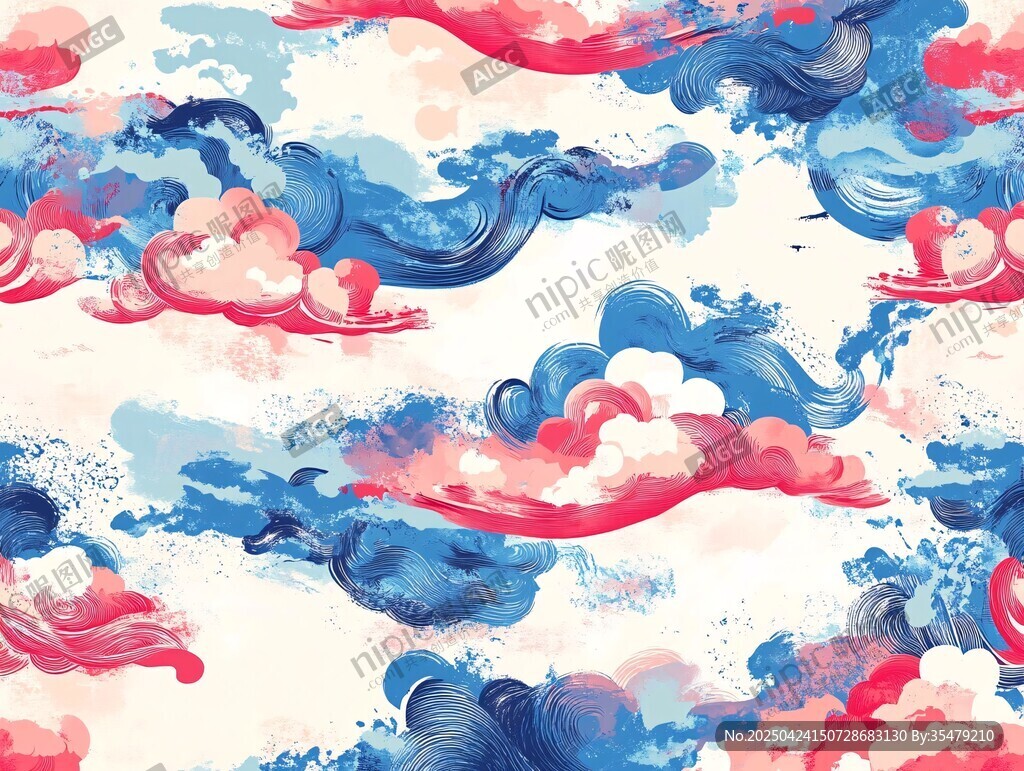 水彩風(fēng)格海浪云朵圖案