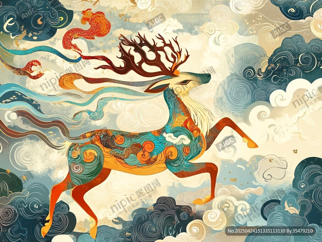 祥瑞神鹿于云海間奔騰