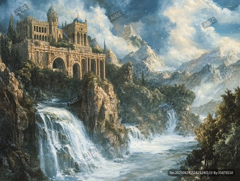 山間城堡瀑布奇幻景觀