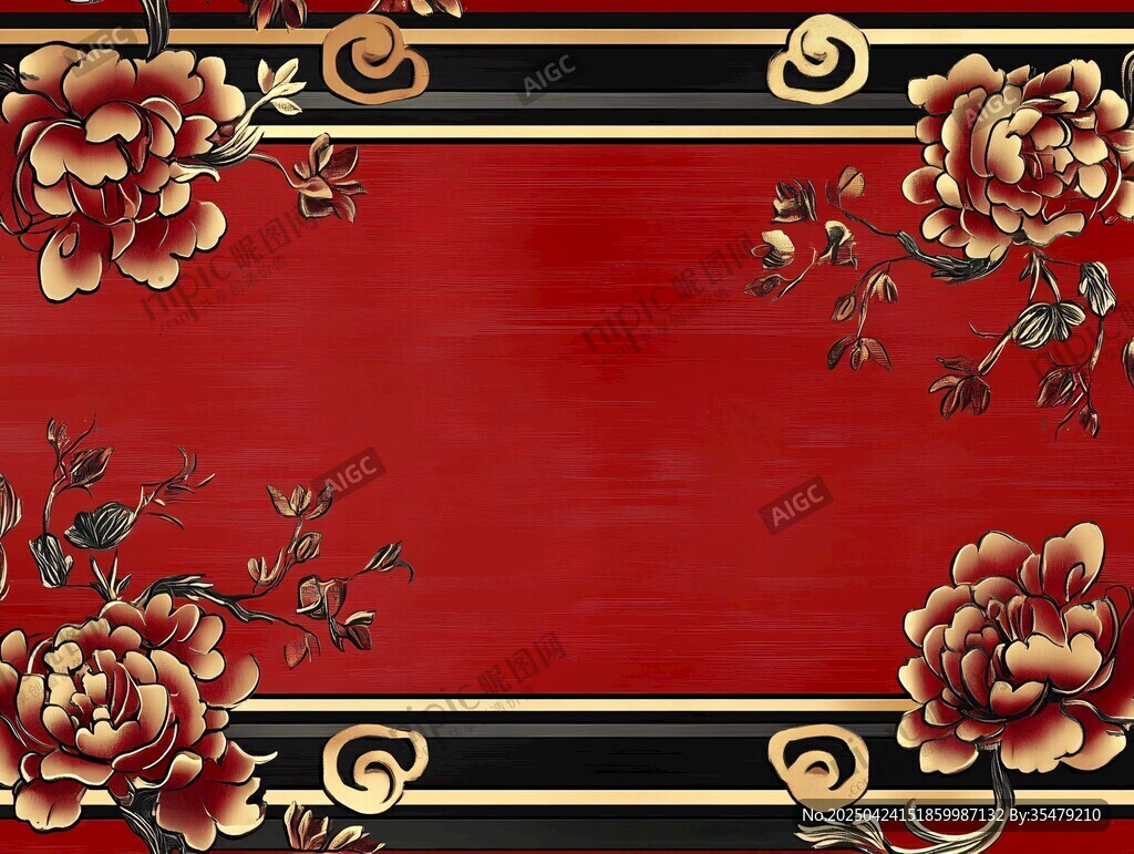 中式紅底牡丹花紋背景圖