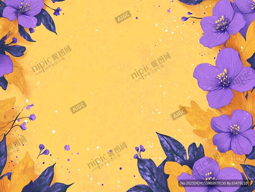 黃底紫花浪漫花卉背景圖