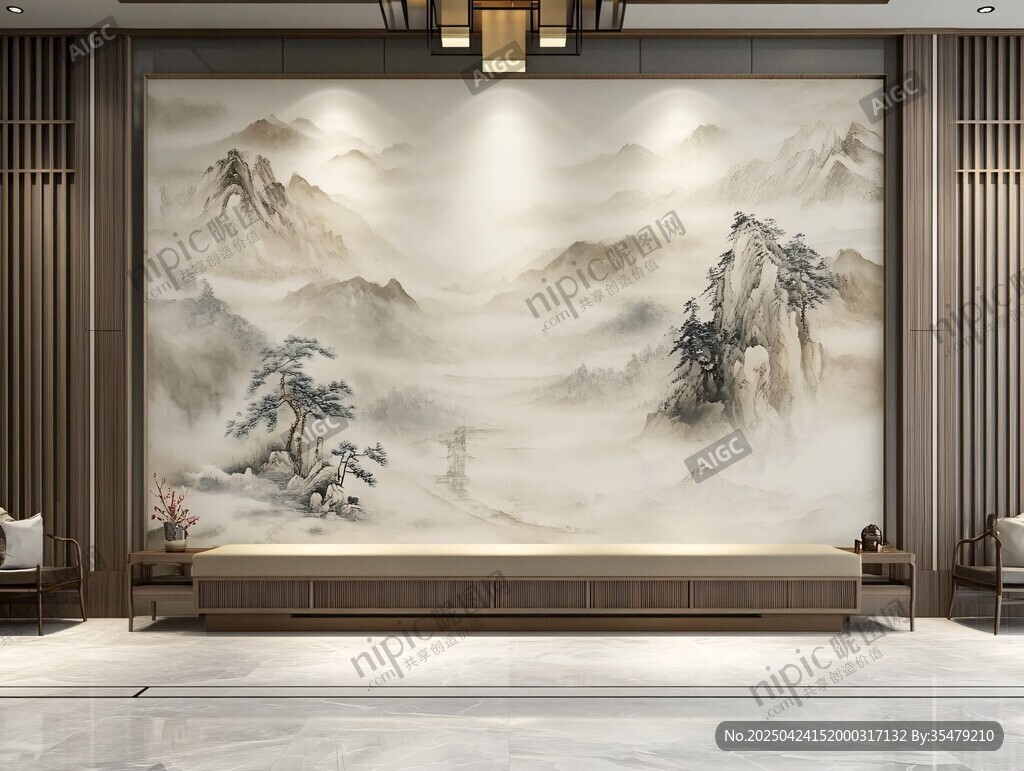 中式山水背景墻客廳雅致風(fēng)