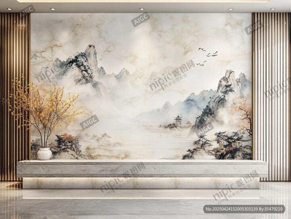 中式山水背景墻優(yōu)雅空間