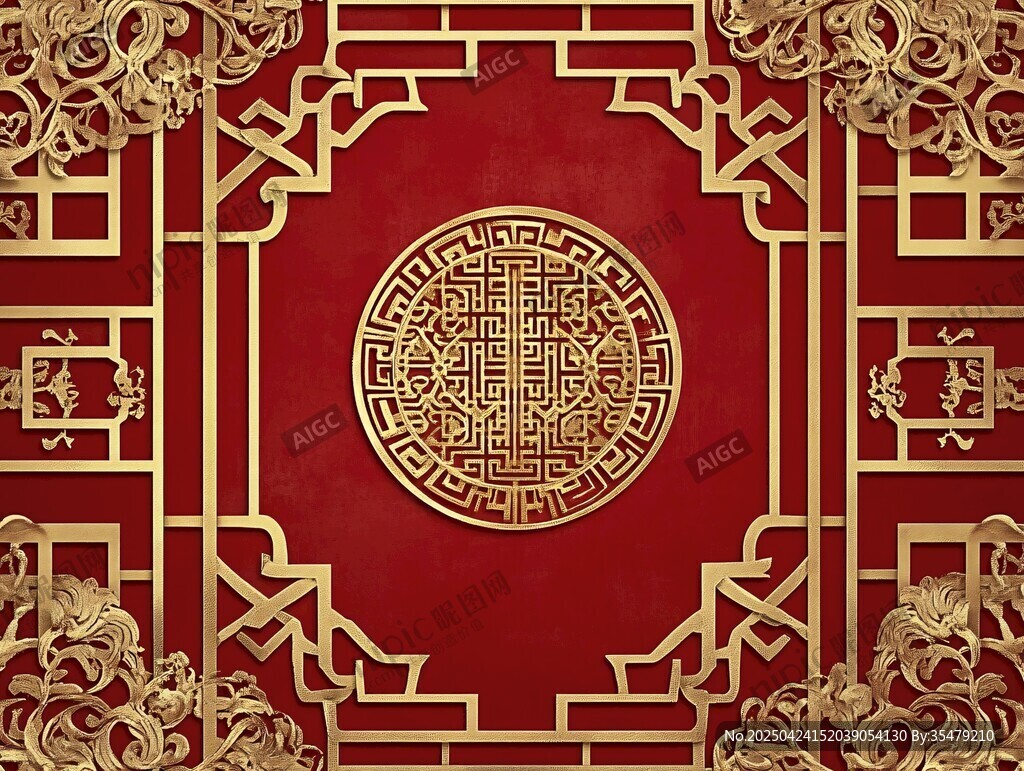 中式紅金古典花紋背景圖