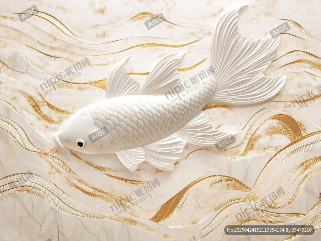 白色錦鯉游于金色波紋間