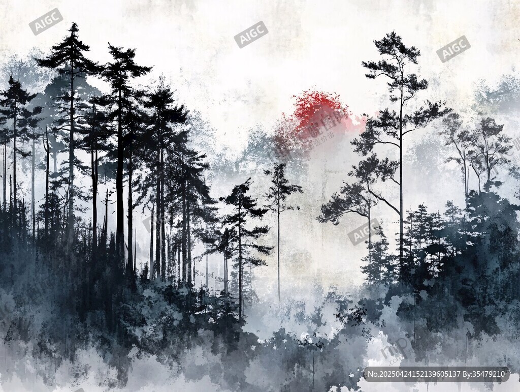 水墨山林間一抹紅韻