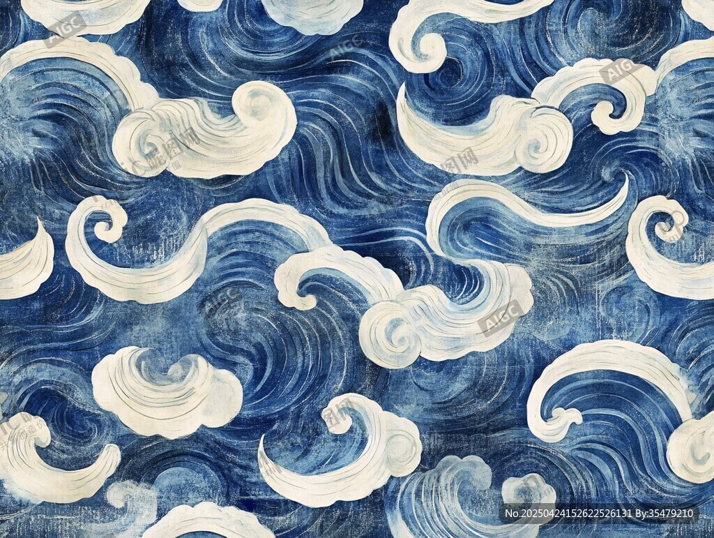 中式藍(lán)白海浪云紋圖案