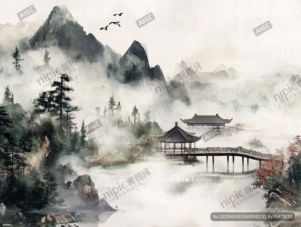 水墨山水間的古韻亭橋