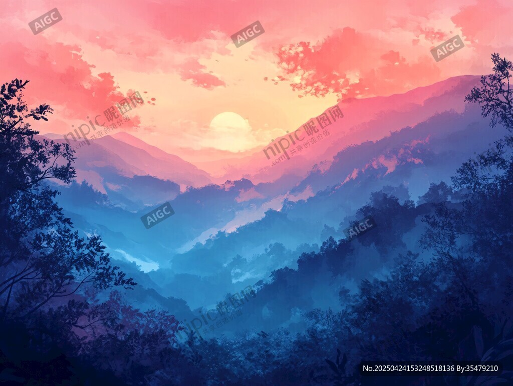 山間日落夢(mèng)幻美景