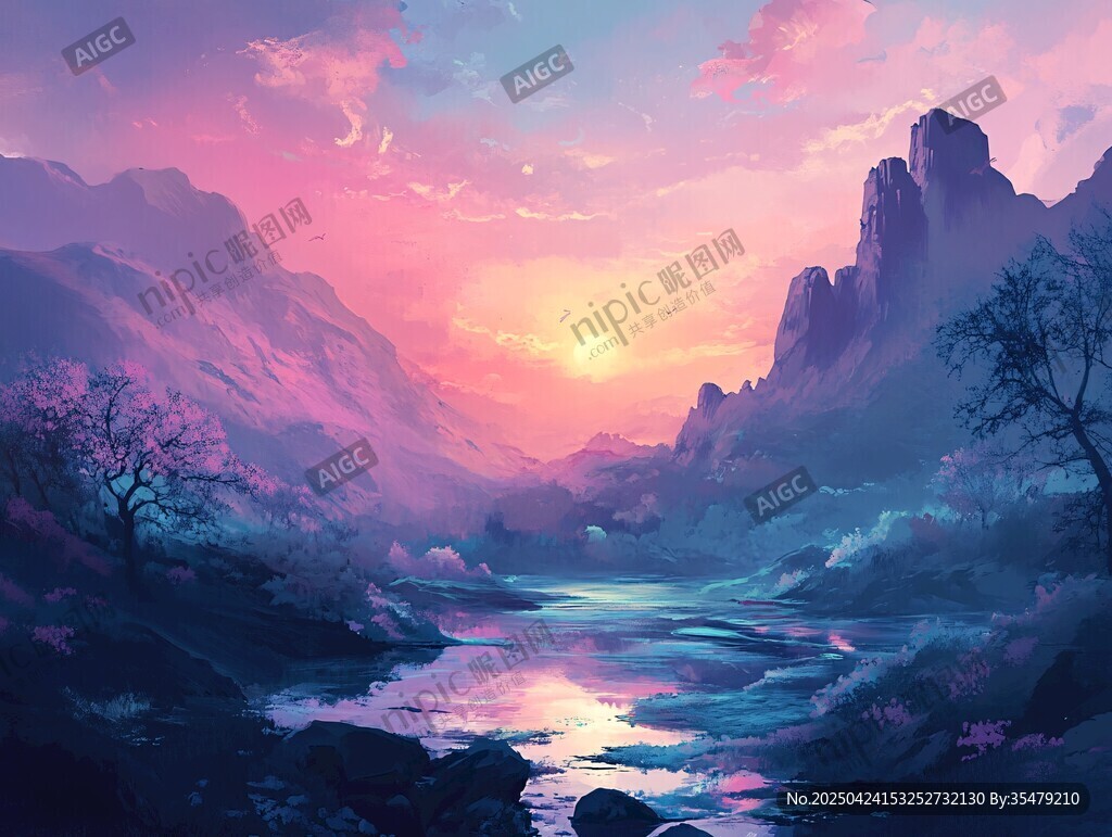 夢幻黃昏下的山水美景
