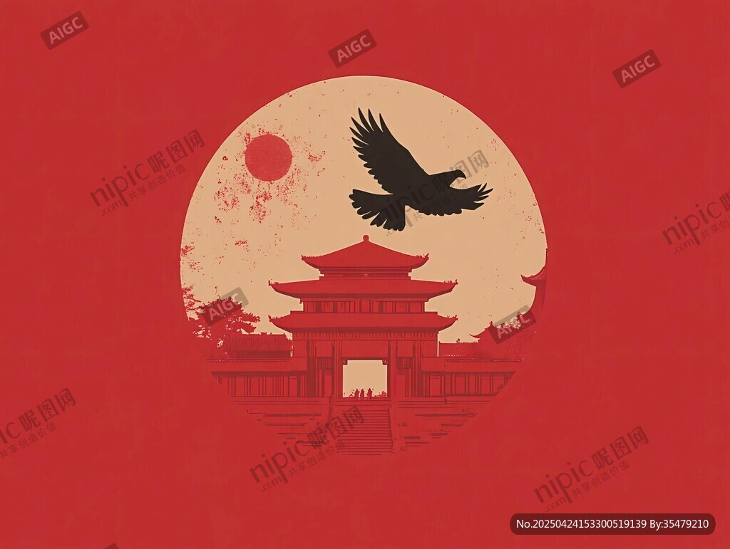 紅日下飛鷹與中式建筑
