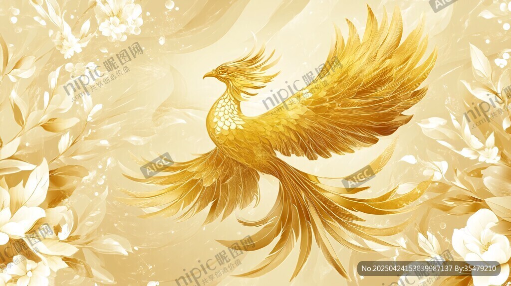 金色鳳凰振翅花卉環(huán)繞