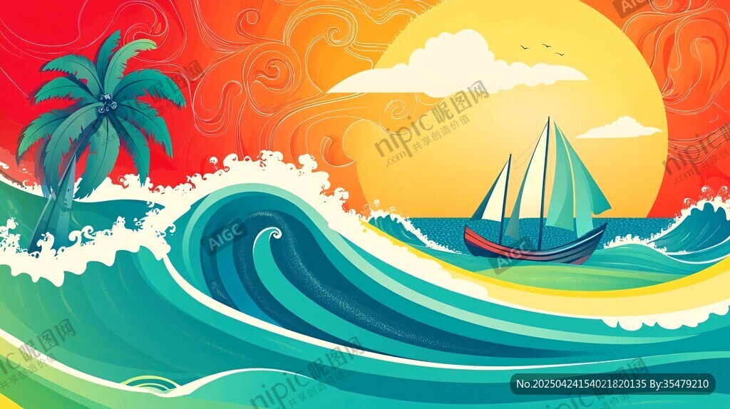 夏日海上帆船與絢爛晚霞