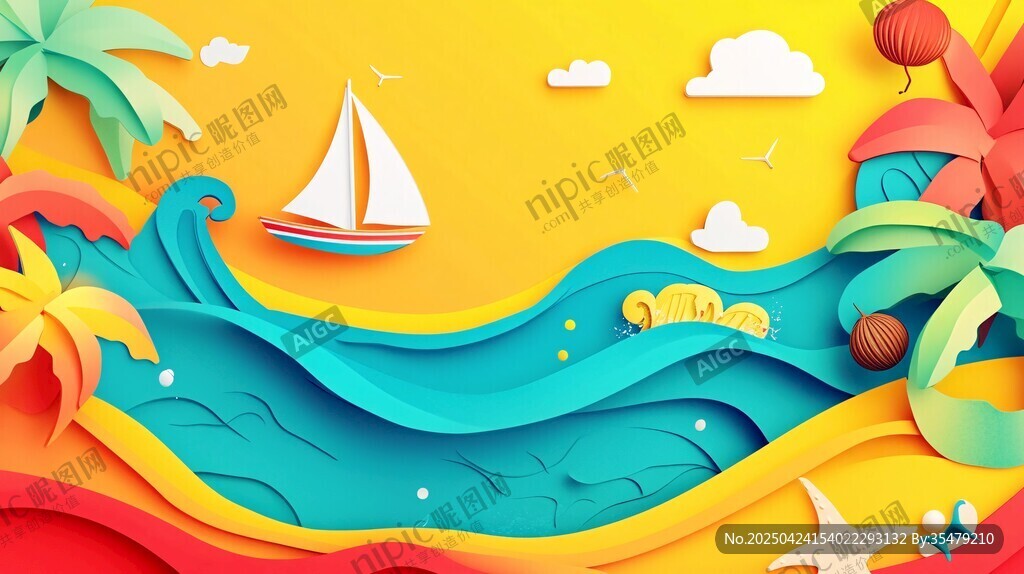 夏日海濱紙藝風(fēng)度假場(chǎng)景