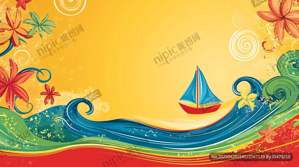 夏日海洋帆船繽紛插畫