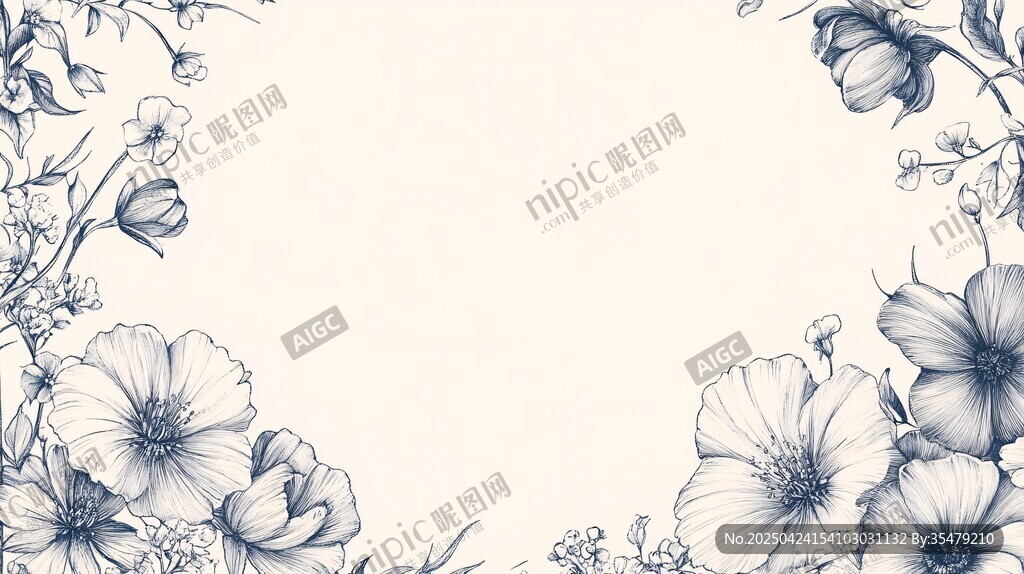 藍白花卉邊框插畫素材