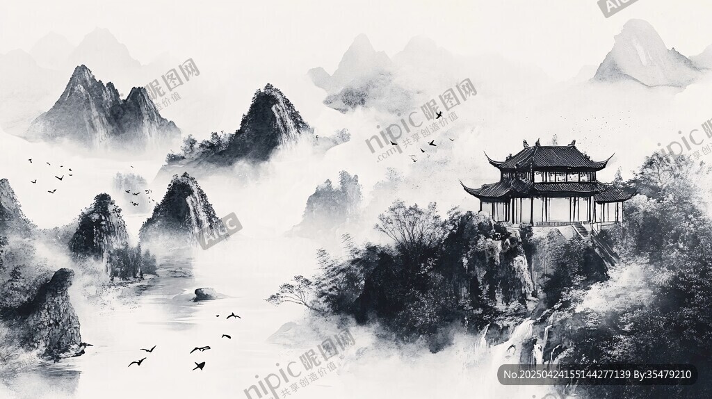 水墨山水間的古韻樓閣